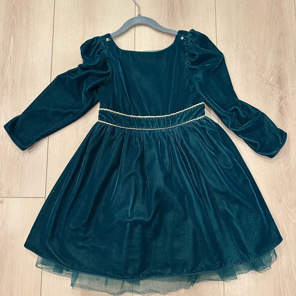 Disney + Janie and Jack Girls Emerald Green Velvet Party Dress with Gold Trim